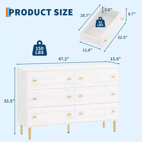 Commode 6 tiroirs, commode rustique en bois avec poignées en barre, design vintage, organisateur de commodes de rangement pour chambre à coucher, salon, couloir, blanc