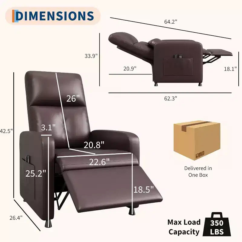 Fauteuil inclinable électrique avec massage et chauffage, inclinable ergonomique en cuir PU surdimensionné, 2 poches latérales et port USB