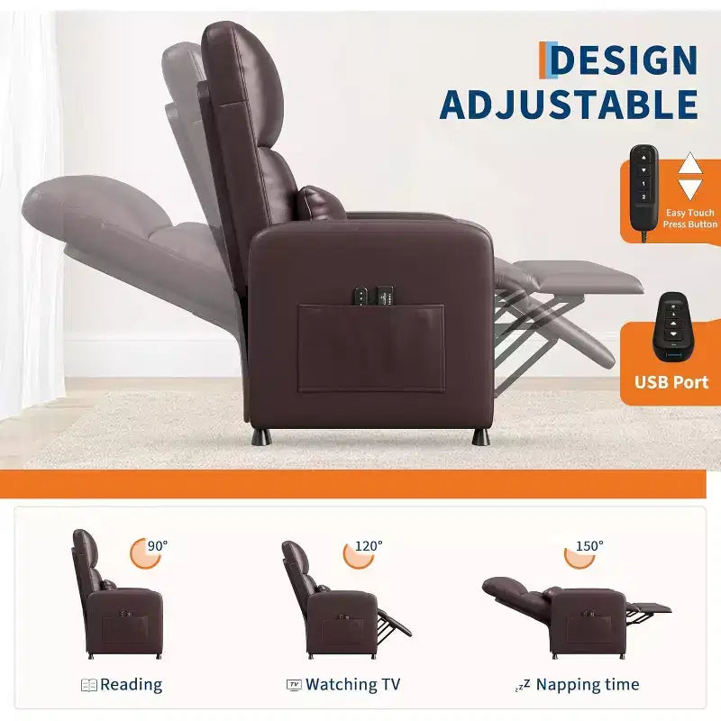 Fauteuil inclinable électrique avec massage et chauffage, inclinable ergonomique en cuir PU surdimensionné, 2 poches latérales et port USB