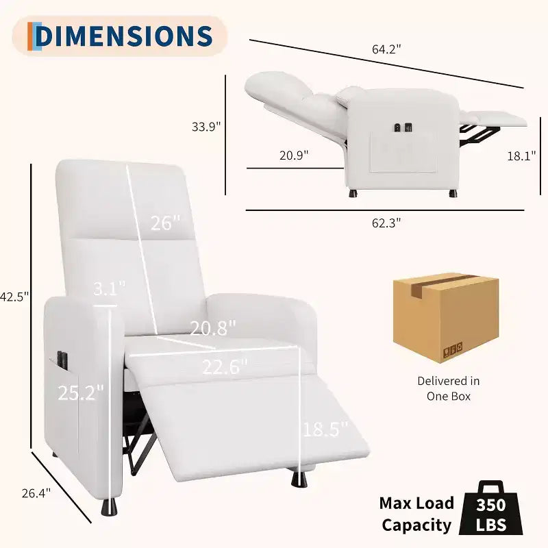 Fauteuil inclinable électrique avec massage et chauffage, inclinable ergonomique en cuir PU surdimensionné, 2 poches latérales et port USB
