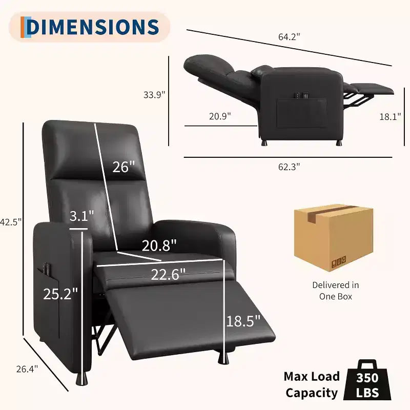 Fauteuil inclinable électrique avec massage et chauffage, inclinable ergonomique en cuir PU surdimensionné, 2 poches latérales et port USB