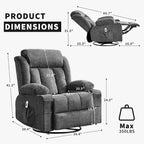 Fauteuil inclinable pivotant, fauteuil à bascule large avec massage chauffant, fauteuil à bascule simple à 3 positions, 2 poches latérales, porte-gobelets, ports USB, télécommande