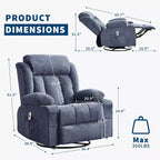 Fauteuil inclinable pivotant, fauteuil à bascule large avec massage chauffant, fauteuil à bascule simple à 3 positions, 2 poches latérales, porte-gobelets, ports USB, télécommande