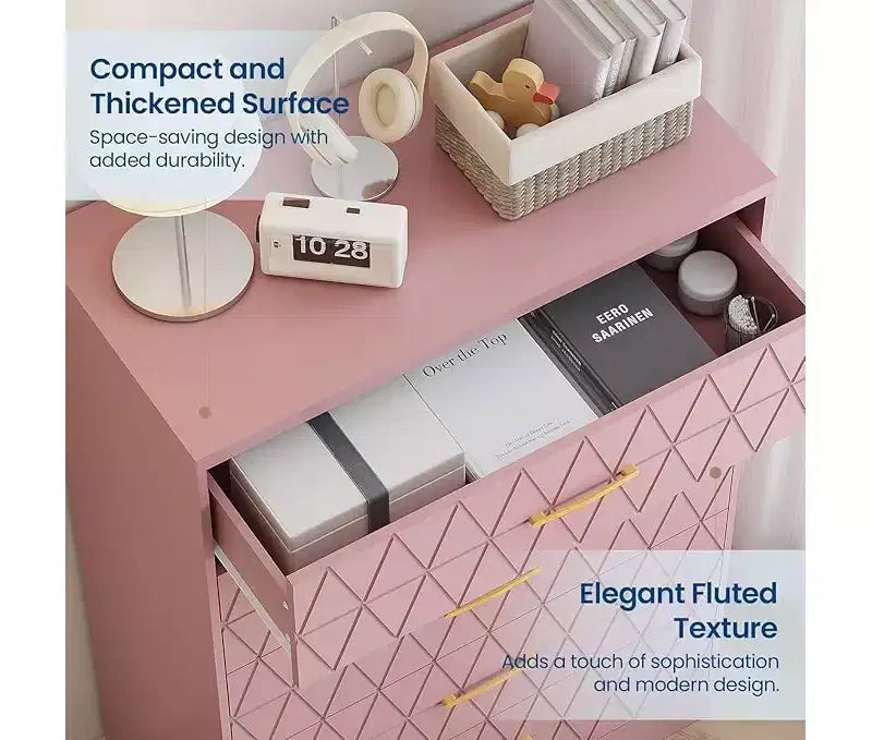 Commode haute de chambre à coucher avec 5 tiroirs, commode en bois avec poignées dorées, armoire de rangement en bois et tiroirs de rangement pour salon