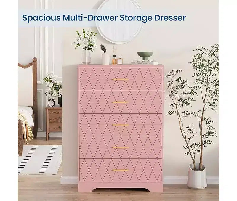 Commode haute de chambre à coucher avec 5 tiroirs, commode en bois avec poignées dorées, armoire de rangement en bois et tiroirs de rangement pour salon