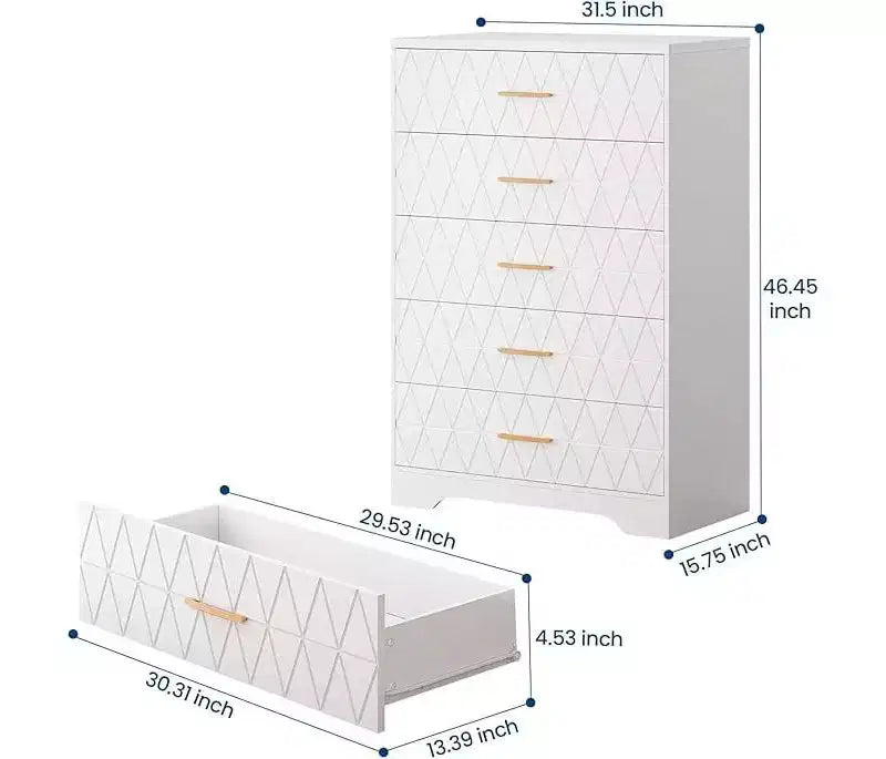 Commode haute de chambre à coucher avec 5 tiroirs, commode en bois avec poignées dorées, armoire de rangement en bois et tiroirs de rangement pour salon