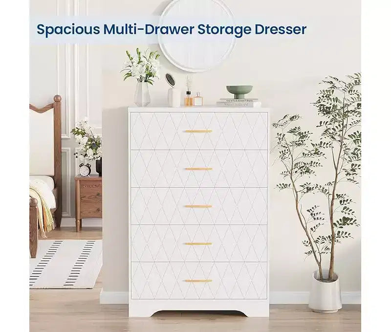 Commode haute de chambre à coucher avec 5 tiroirs, commode en bois avec poignées dorées, armoire de rangement en bois et tiroirs de rangement pour salon