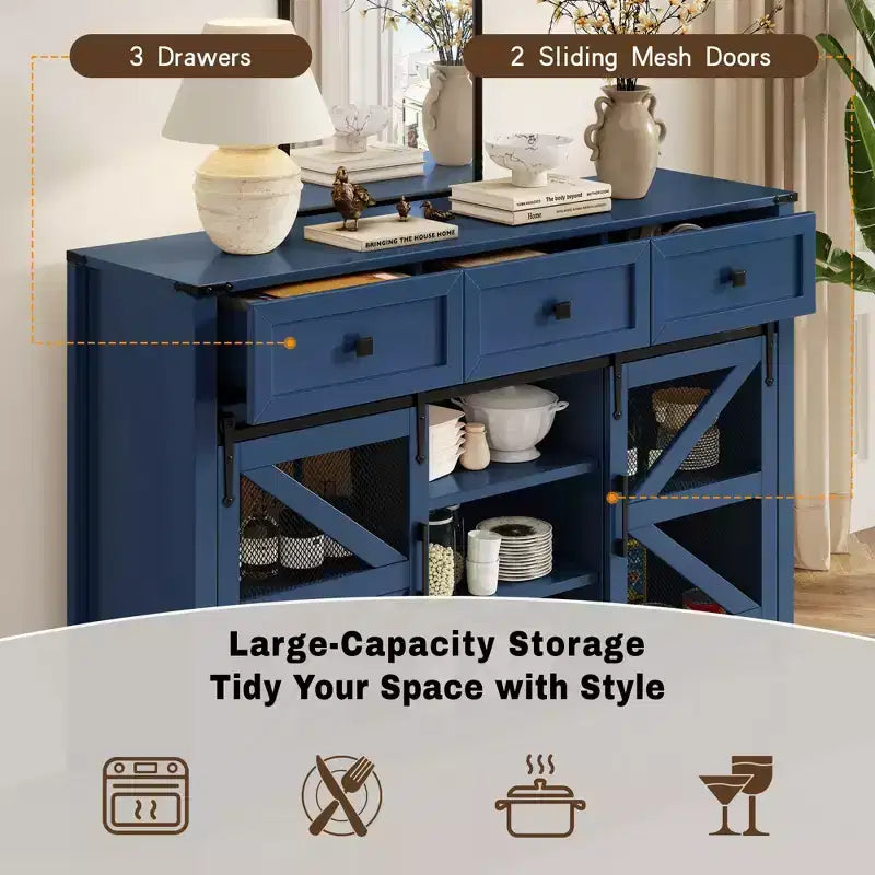 Okak Buffet moderne en verre, meuble de rangement pour salle à manger, armoires de cuisine avec porte coulissante de style grange et poignées en métal
