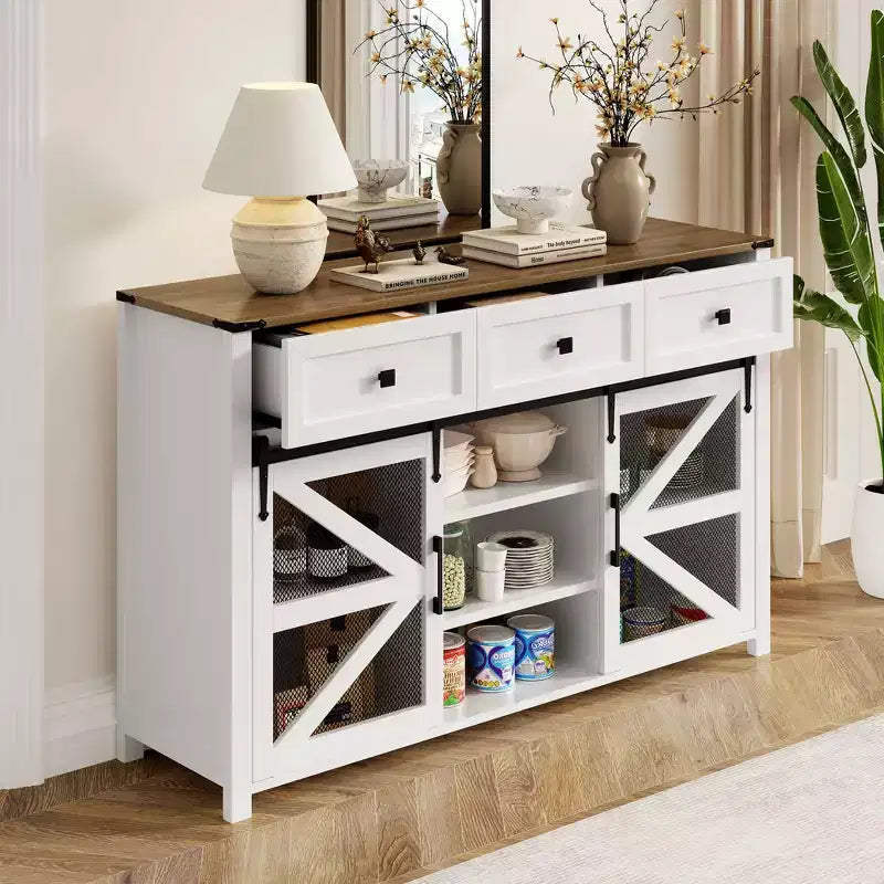 Okak Buffet moderne en verre, meuble de rangement pour salle à manger, armoires de cuisine avec porte coulissante de style grange et poignées en métal
