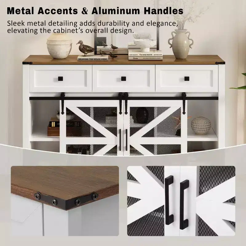 Okak Buffet moderne en verre, meuble de rangement pour salle à manger, armoires de cuisine avec porte coulissante de style grange et poignées en métal