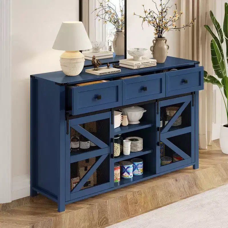 Okak Buffet moderne en verre, meuble de rangement pour salle à manger, armoires de cuisine avec porte coulissante de style grange et poignées en métal