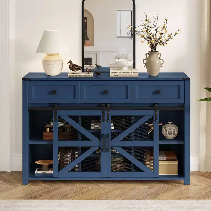 Okak Buffet moderne en verre, meuble de rangement pour salle à manger, armoires de cuisine avec porte coulissante de style grange et poignées en métal