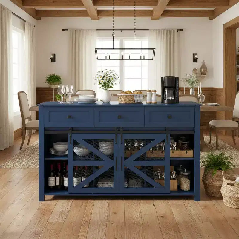 Okak Buffet moderne en verre, meuble de rangement pour salle à manger, armoires de cuisine avec porte coulissante de style grange et poignées en métal