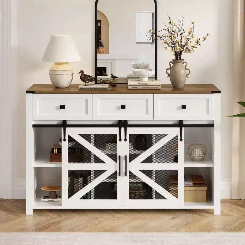 Okak Buffet moderne en verre, meuble de rangement pour salle à manger, armoires de cuisine avec porte coulissante de style grange et poignées en métal