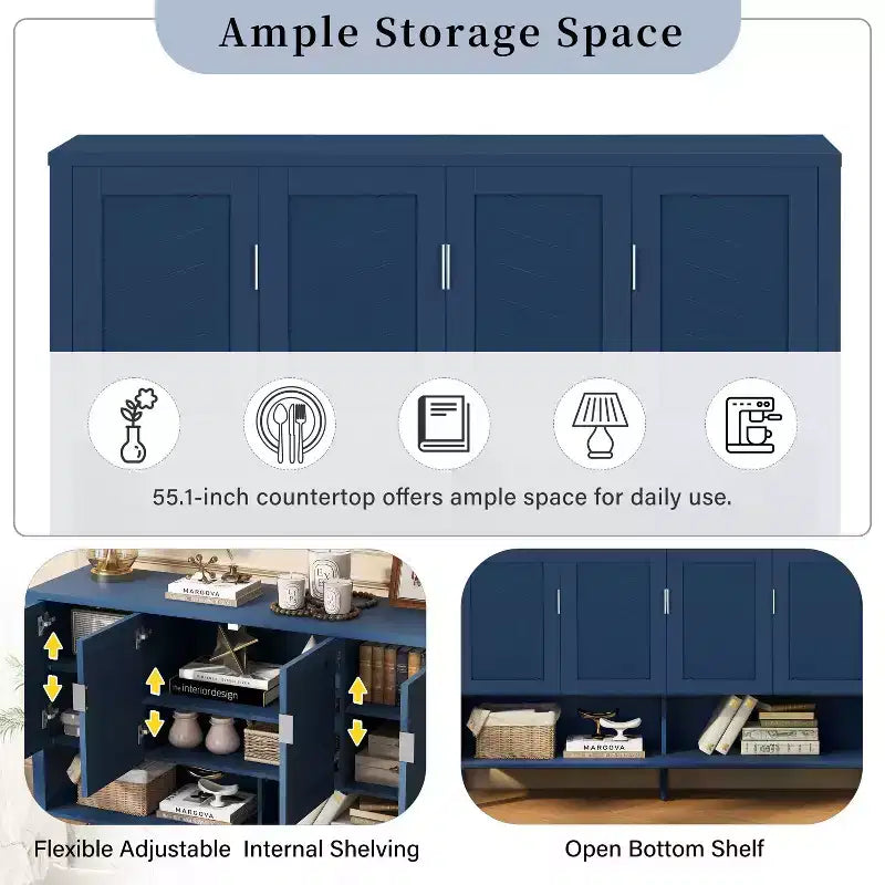 Meuble de Rangement Okak Moderne à Deux Niveaux, 4 Portes, pour Salle à Manger, Salon, Armoires de Cuisine avec Étagères Ouvertes