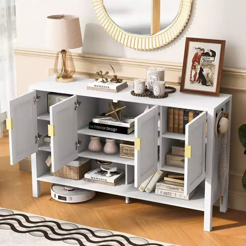 Meuble de Rangement Okak Moderne à Deux Niveaux, 4 Portes, pour Salle à Manger, Salon, Armoires de Cuisine avec Étagères Ouvertes