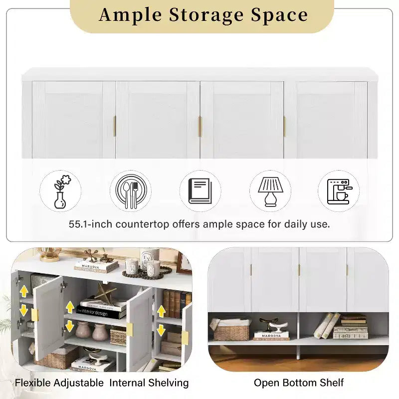 Meuble de Rangement Okak Moderne à Deux Niveaux, 4 Portes, pour Salle à Manger, Salon, Armoires de Cuisine avec Étagères Ouvertes