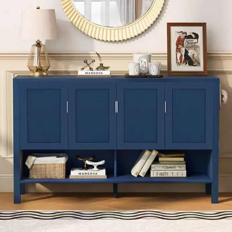 Meuble de Rangement Okak Moderne à Deux Niveaux, 4 Portes, pour Salle à Manger, Salon, Armoires de Cuisine avec Étagères Ouvertes