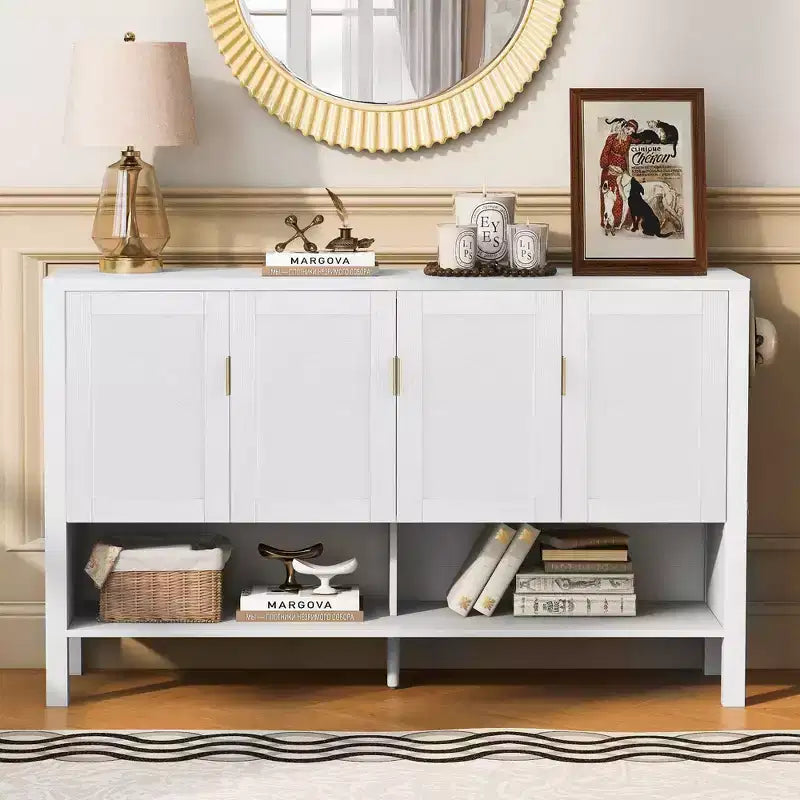 Meuble de Rangement Okak Moderne à Deux Niveaux, 4 Portes, pour Salle à Manger, Salon, Armoires de Cuisine avec Étagères Ouvertes