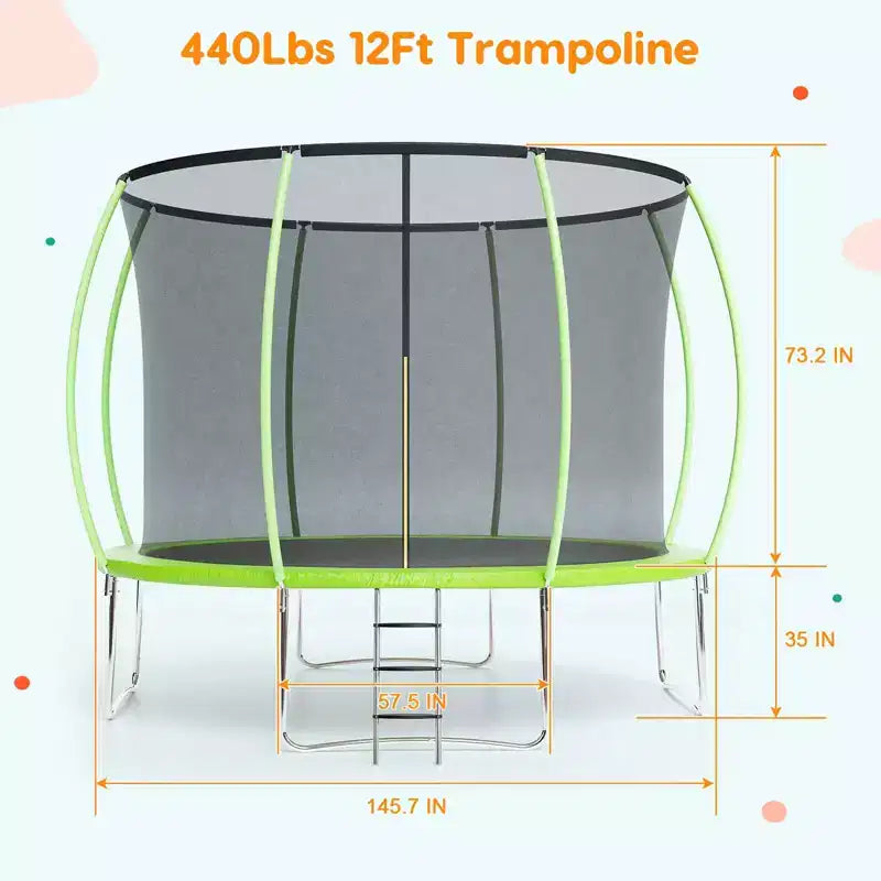 Trampoline d'extérieur 3,66 m avec filet de sécurité – Capacité de 200 kg Certifié ASTM F2225-15 Filet anti-écart Résistant à la rouille pour enfants et adultes