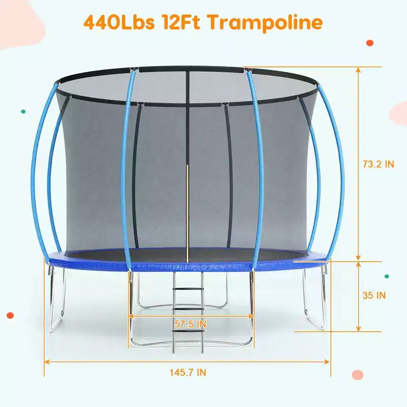 Trampoline d'extérieur 3,66 m avec filet de sécurité – Capacité de 200 kg Certifié ASTM F2225-15 Filet anti-écart Résistant à la rouille pour enfants et adultes