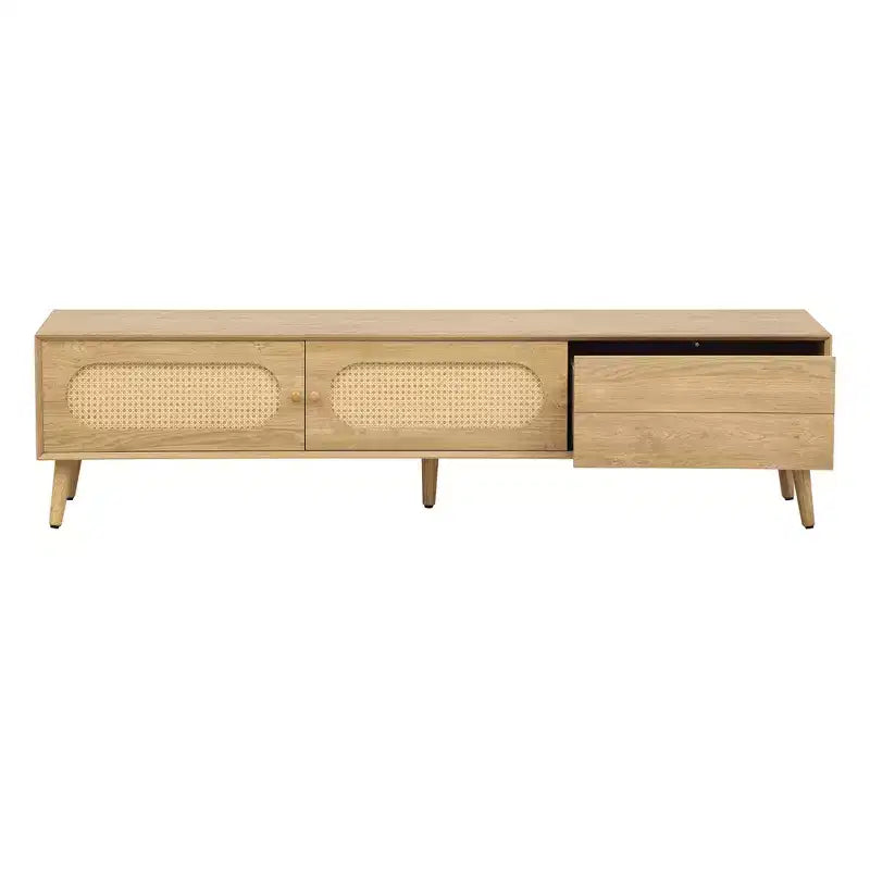 Meuble TV Bohème avec Tiroirs pour TV 75 pouces, Meuble TV en Bois avec Pieds en Bois Massif pour Salon, Naturel