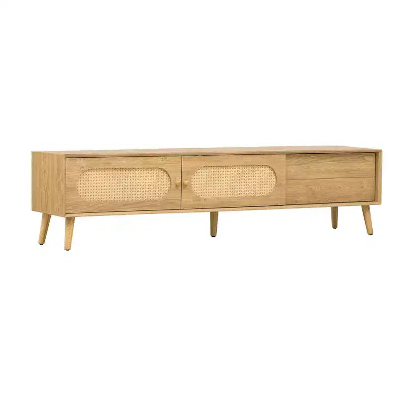 Meuble TV Bohème avec Tiroirs pour TV 75 pouces, Meuble TV en Bois avec Pieds en Bois Massif pour Salon, Naturel