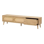 Meuble TV Bohème avec Tiroirs pour TV 75 pouces, Meuble TV en Bois avec Pieds en Bois Massif pour Salon, Naturel