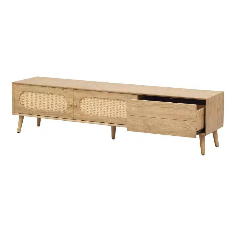 Meuble TV Bohème avec Tiroirs pour TV 75 pouces, Meuble TV en Bois avec Pieds en Bois Massif pour Salon, Naturel