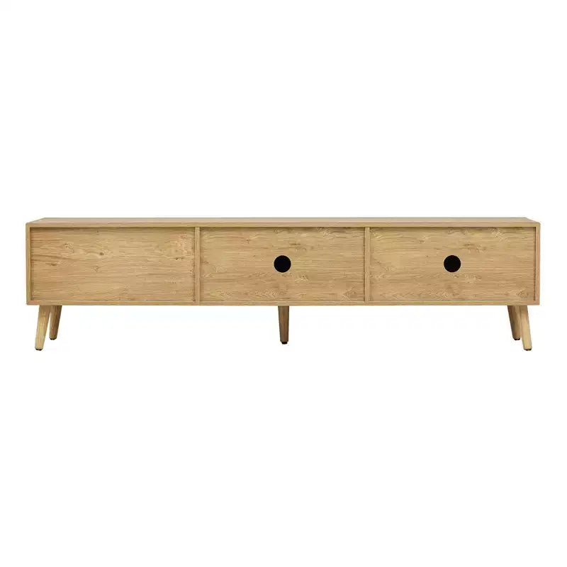 Meuble TV Bohème avec Tiroirs pour TV 75 pouces, Meuble TV en Bois avec Pieds en Bois Massif pour Salon, Naturel