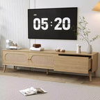 Meuble TV Bohème avec Tiroirs pour TV 75 pouces, Meuble TV en Bois avec Pieds en Bois Massif pour Salon, Naturel