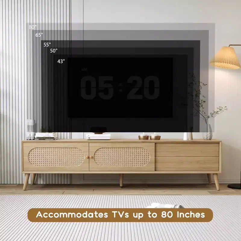Meuble TV Bohème avec Tiroirs pour TV 75 pouces, Meuble TV en Bois avec Pieds en Bois Massif pour Salon, Naturel
