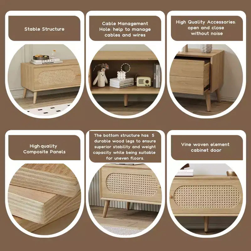 Meuble TV Bohème avec Tiroirs pour TV 75 pouces, Meuble TV en Bois avec Pieds en Bois Massif pour Salon, Naturel