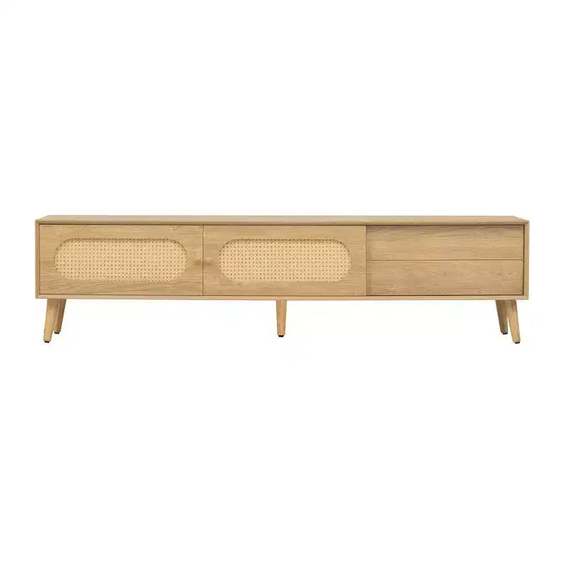 Meuble TV Bohème avec Tiroirs pour TV 75 pouces, Meuble TV en Bois avec Pieds en Bois Massif pour Salon, Naturel
