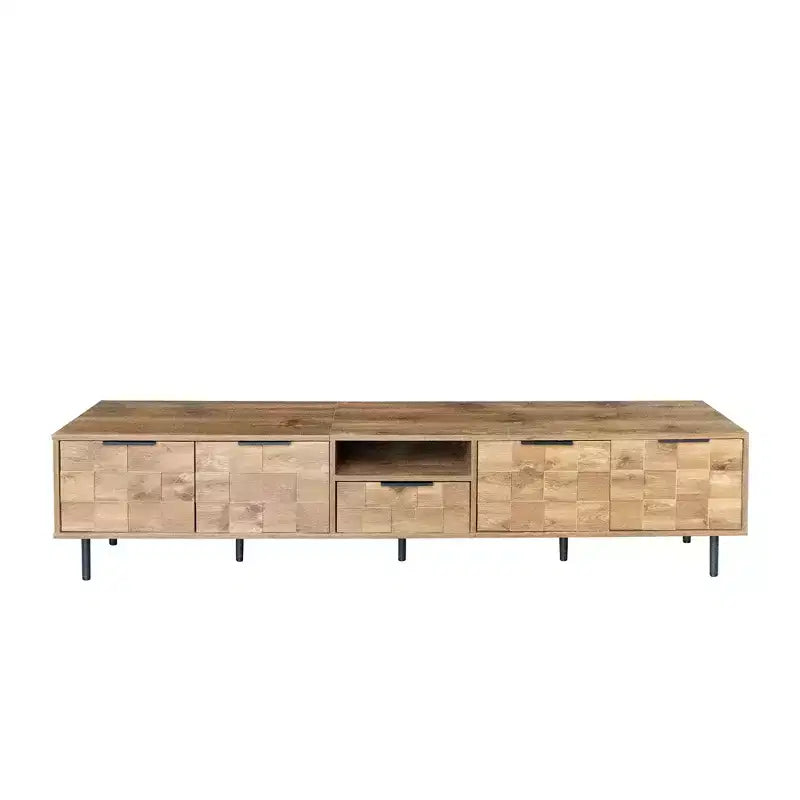 Meuble TV de ferme avec tiroirs pour téléviseur de 75 pouces, table de rangement TV en bois avec portes et pieds en bois massif pour salon, naturel