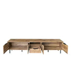 Meuble TV de ferme avec tiroirs pour téléviseur de 75 pouces, table de rangement TV en bois avec portes et pieds en bois massif pour salon, naturel