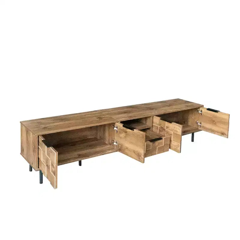 Meuble TV de ferme avec tiroirs pour téléviseur de 75 pouces, table de rangement TV en bois avec portes et pieds en bois massif pour salon, naturel