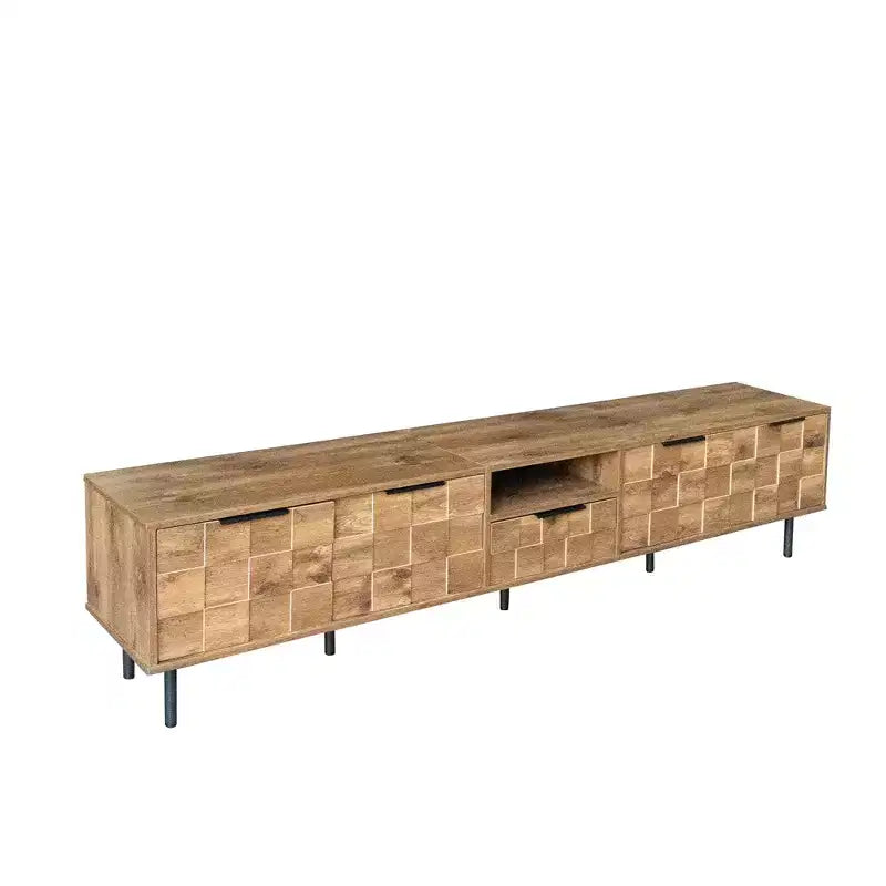 Meuble TV de ferme avec tiroirs pour téléviseur de 75 pouces, table de rangement TV en bois avec portes et pieds en bois massif pour salon, naturel