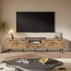 Meuble TV de ferme avec tiroirs pour téléviseur de 75 pouces, table de rangement TV en bois avec portes et pieds en bois massif pour salon, naturel