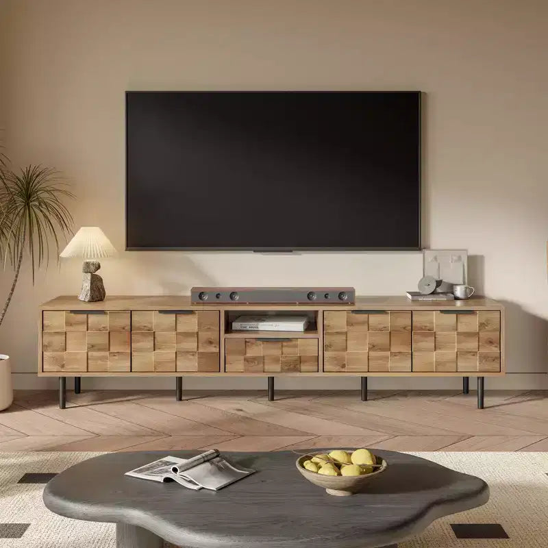 Meuble TV de ferme avec tiroirs pour téléviseur de 75 pouces, table de rangement TV en bois avec portes et pieds en bois massif pour salon, naturel