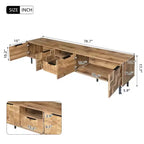 Meuble TV de ferme avec tiroirs pour téléviseur de 75 pouces, table de rangement TV en bois avec portes et pieds en bois massif pour salon, naturel