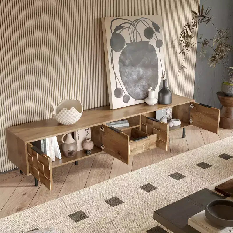 Meuble TV de ferme avec tiroirs pour téléviseur de 75 pouces, table de rangement TV en bois avec portes et pieds en bois massif pour salon, naturel