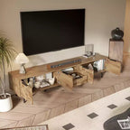 Meuble TV de ferme avec tiroirs pour téléviseur de 75 pouces, table de rangement TV en bois avec portes et pieds en bois massif pour salon, naturel