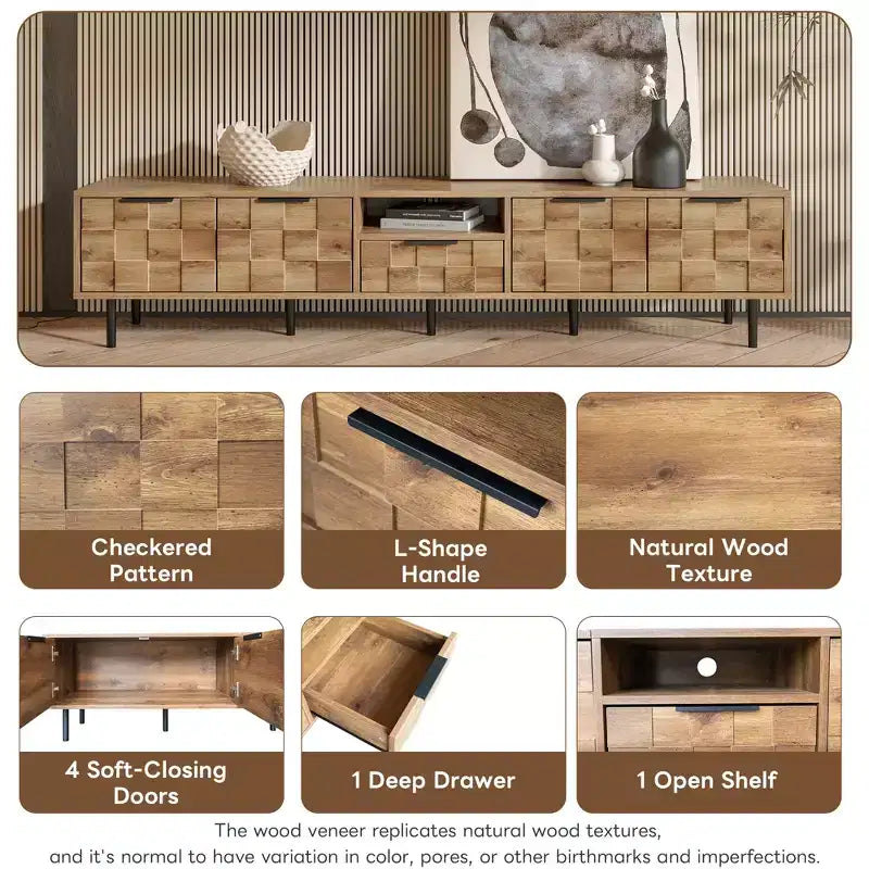 Meuble TV de ferme avec tiroirs pour téléviseur de 75 pouces, table de rangement TV en bois avec portes et pieds en bois massif pour salon, naturel
