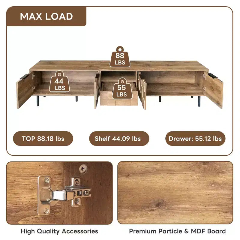 Meuble TV de ferme avec tiroirs pour téléviseur de 75 pouces, table de rangement TV en bois avec portes et pieds en bois massif pour salon, naturel