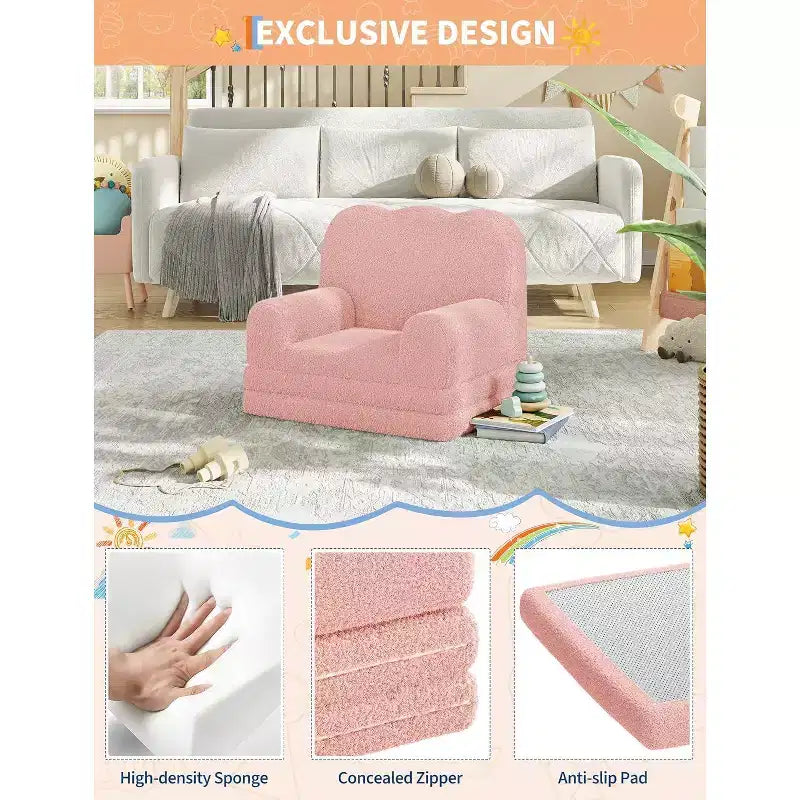 Fauteuil convertible 2-en-1 pour enfants, en polaire Teddy doux, se déplie en chaise longue ou en lit, parfait pour une salle de jeux, une chambre d'enfant ou comme cadeau d'anniversaire