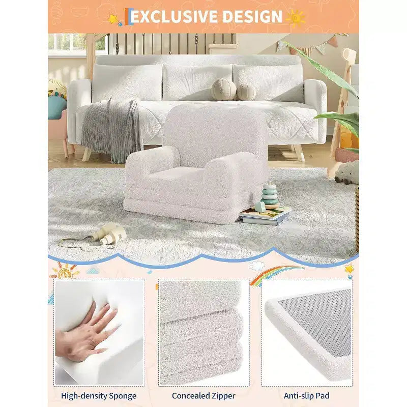Fauteuil convertible 2-en-1 pour enfants, en polaire Teddy doux, se déplie en chaise longue ou en lit, parfait pour une salle de jeux, une chambre d'enfant ou comme cadeau d'anniversaire