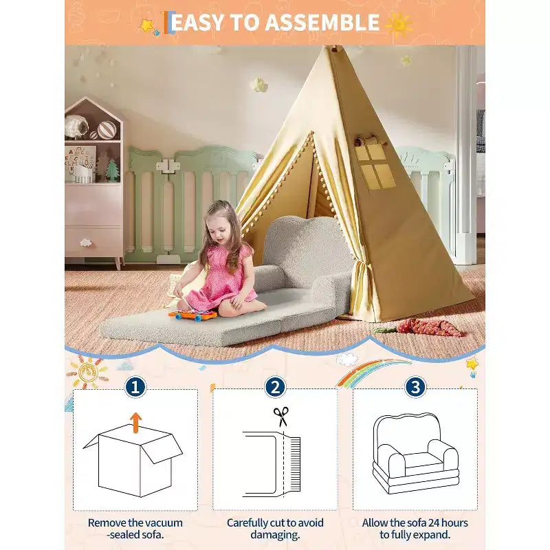 Fauteuil convertible 2-en-1 pour enfants, en polaire Teddy doux, se déplie en chaise longue ou en lit, parfait pour une salle de jeux, une chambre d'enfant ou comme cadeau d'anniversaire
