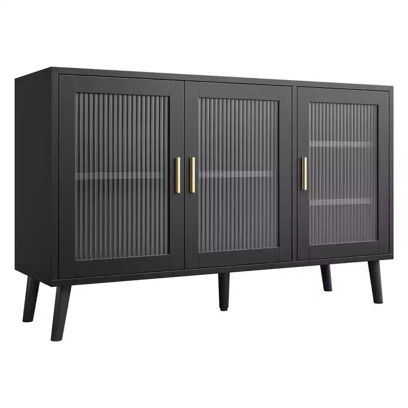 Buffet avec 3 longues portes en verre arc-en-ciel, buffet grande capacité en aggloméré, moderne pour cuisine, salle à manger ou salon, noir