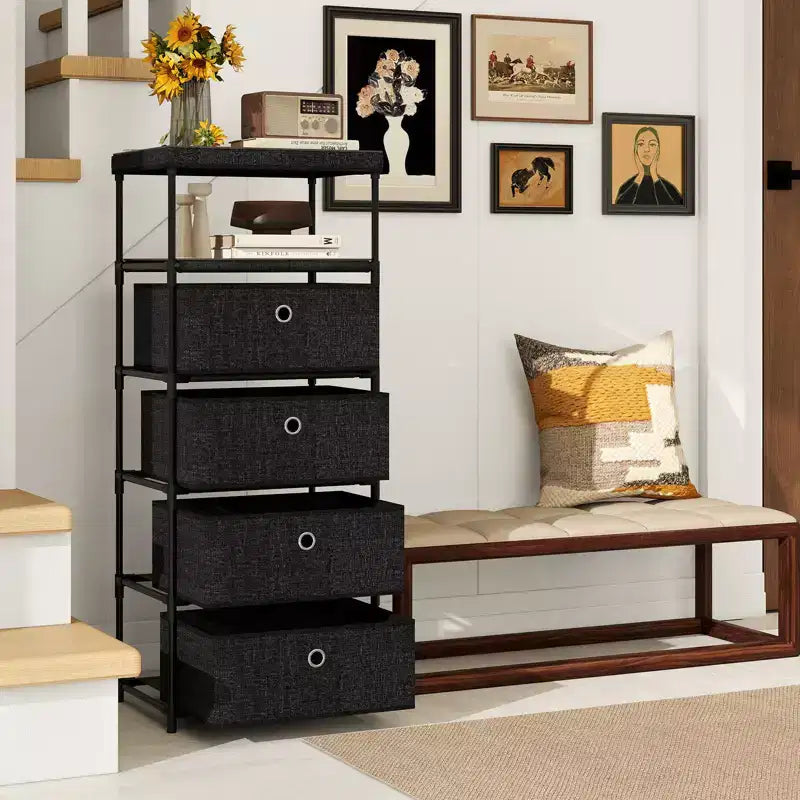 Costway Commode à 4 tiroirs avec étagère et bacs en tissu, unité de rangement industrielle